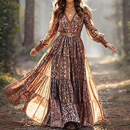 Women Printed Fashionable V neck Bohemian Maxi Dress by Ragazza