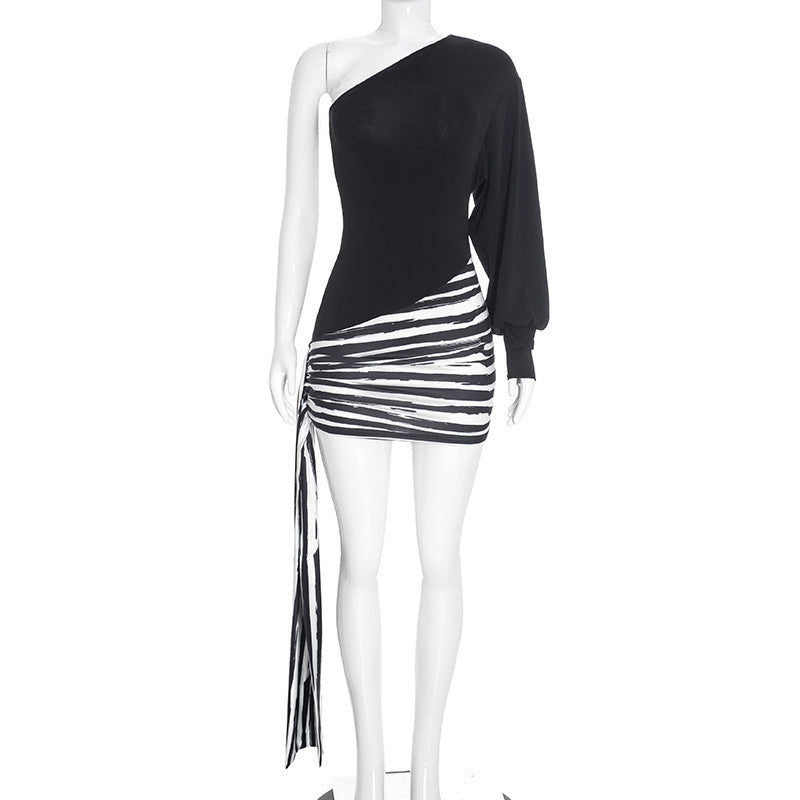 Women Clothing Autumn Sexy off Shoulder One Sleeve Striped Printed Ribbon Slim Fit Short Dress  DestGlow