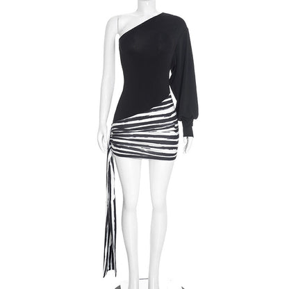 Women Clothing Autumn Sexy off Shoulder One Sleeve Striped Printed Ribbon Slim Fit Short Dress  DestGlow