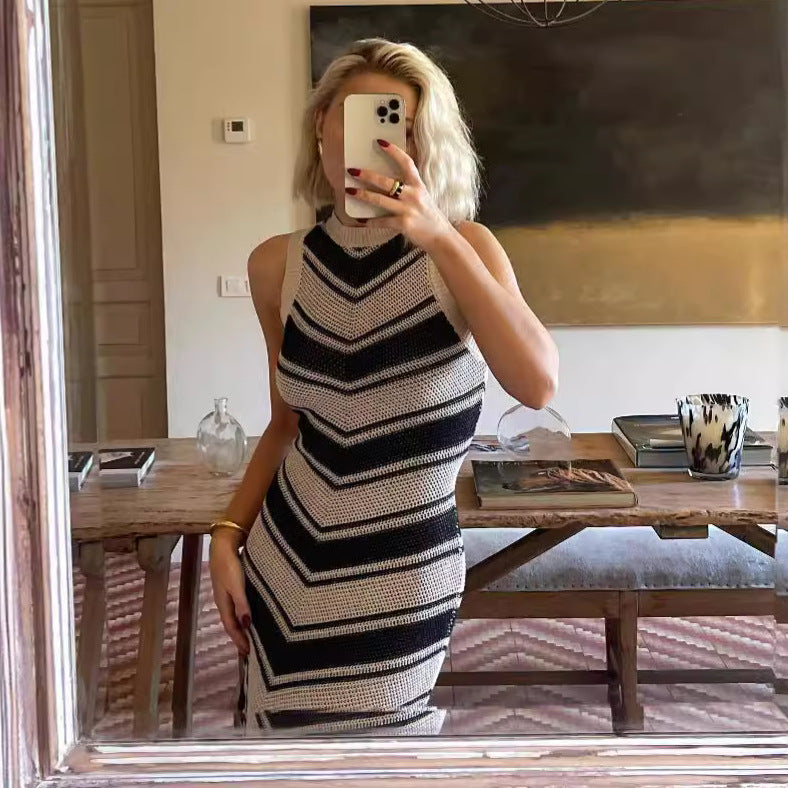 Sexy Tight Striped Tassel Knitted Dress Women Sleeveless Summer Midi Dress by Ragazza
