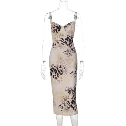 Women Clothing Summer Leopard Print Printed Lace up Backless Sexy Sling Sheath Dress  DestGlow