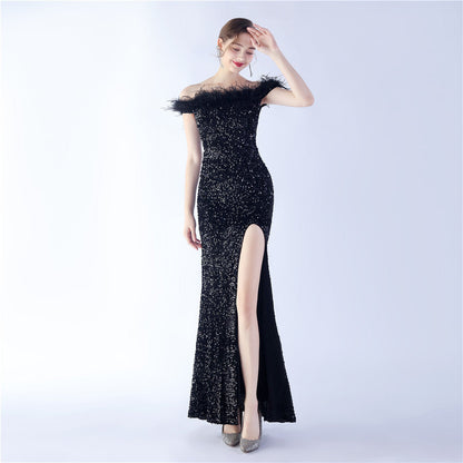 Velvet Bottom Sequin Craft Order Ostrich Hair off-Shoulder High End Evening Dress by Ragazza