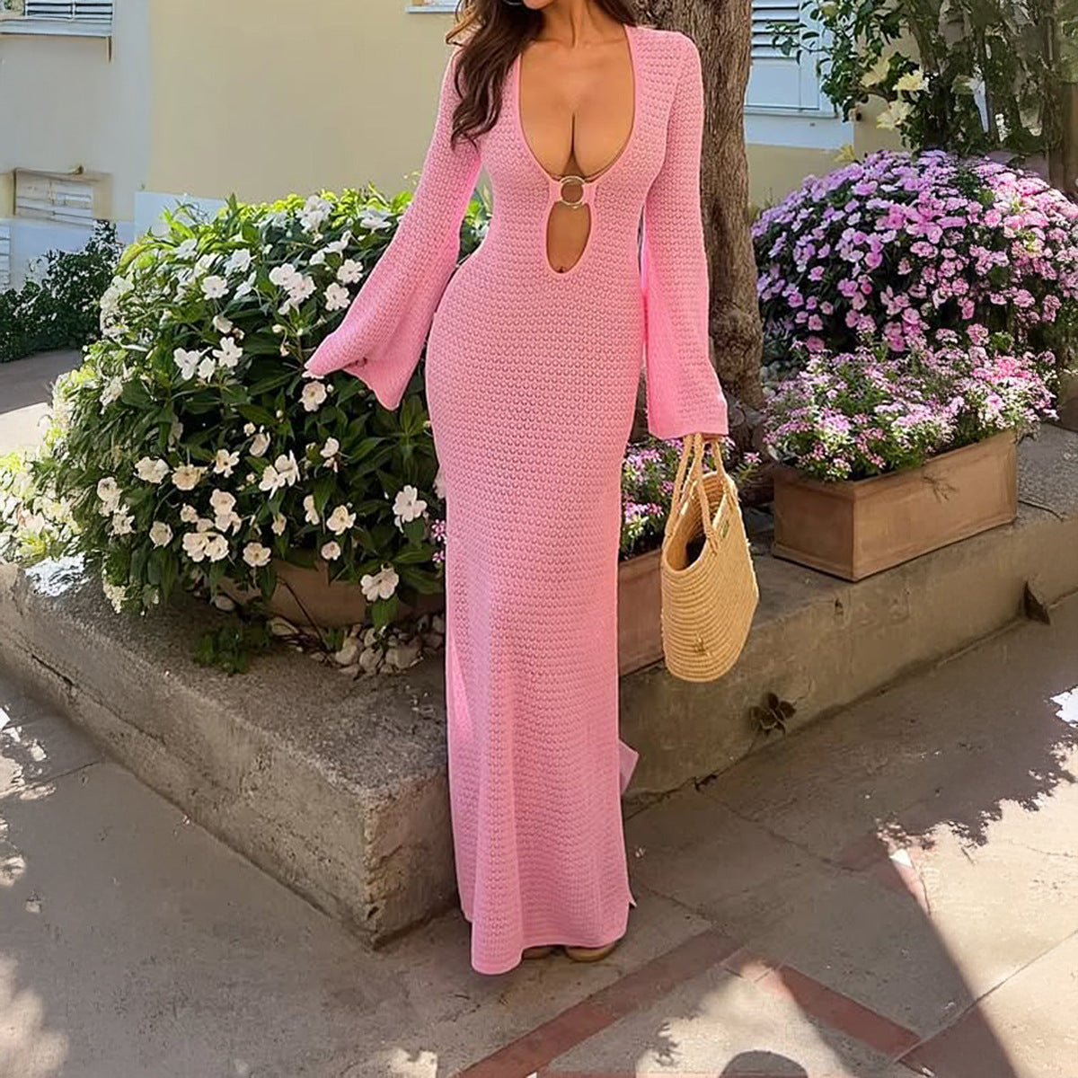 Spring Summer Vacation Women Deep V Plunge neck Long Sleeve Solid Color Woolen Buckle Dress for Women by Ragazza