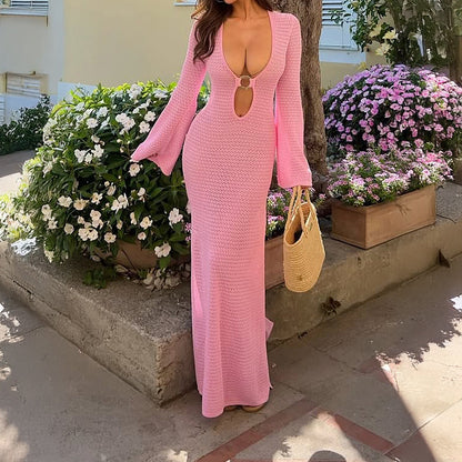 Spring Summer Vacation Women Deep V Plunge neck Long Sleeve Solid Color Woolen Buckle Dress for Women by Ragazza