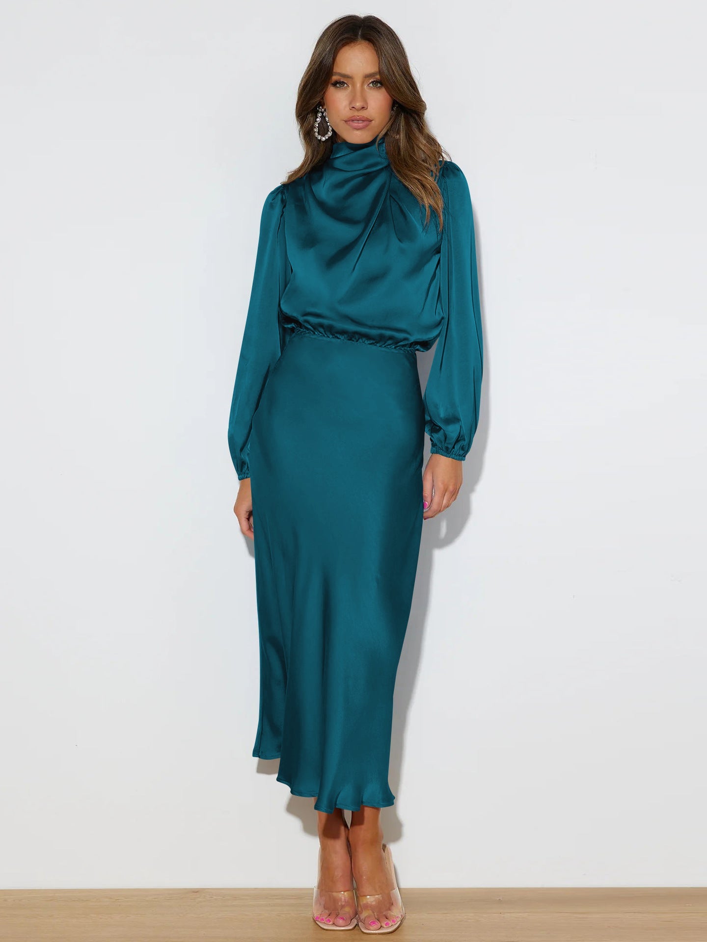 Autumn High Grade Satin Long Sleeve Loose Dress Elegant Women Evening Dress by Ragazza