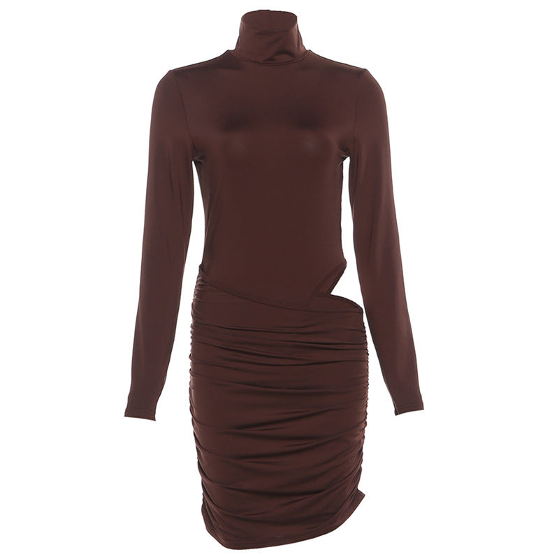 Autumn Winter Women Clothing Solid Color Sexy Tight Turtleneck Hip Bag Hollow Out Cutout Dress Women by Ragazza