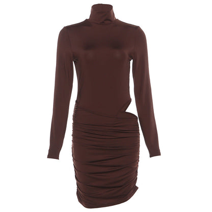 Autumn Winter Women Clothing Solid Color Sexy Tight Turtleneck Hip Bag Hollow Out Cutout Dress Women by Ragazza