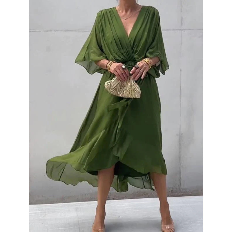 Women Clothing Solid Color Tied Maxi Dress Batwing Sleeve Irregular Asymmetric Dress by Ragazza
