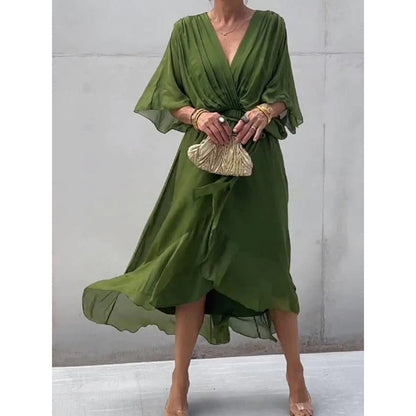 Women Clothing Solid Color Tied Maxi Dress Batwing Sleeve Irregular Asymmetric Dress by Ragazza