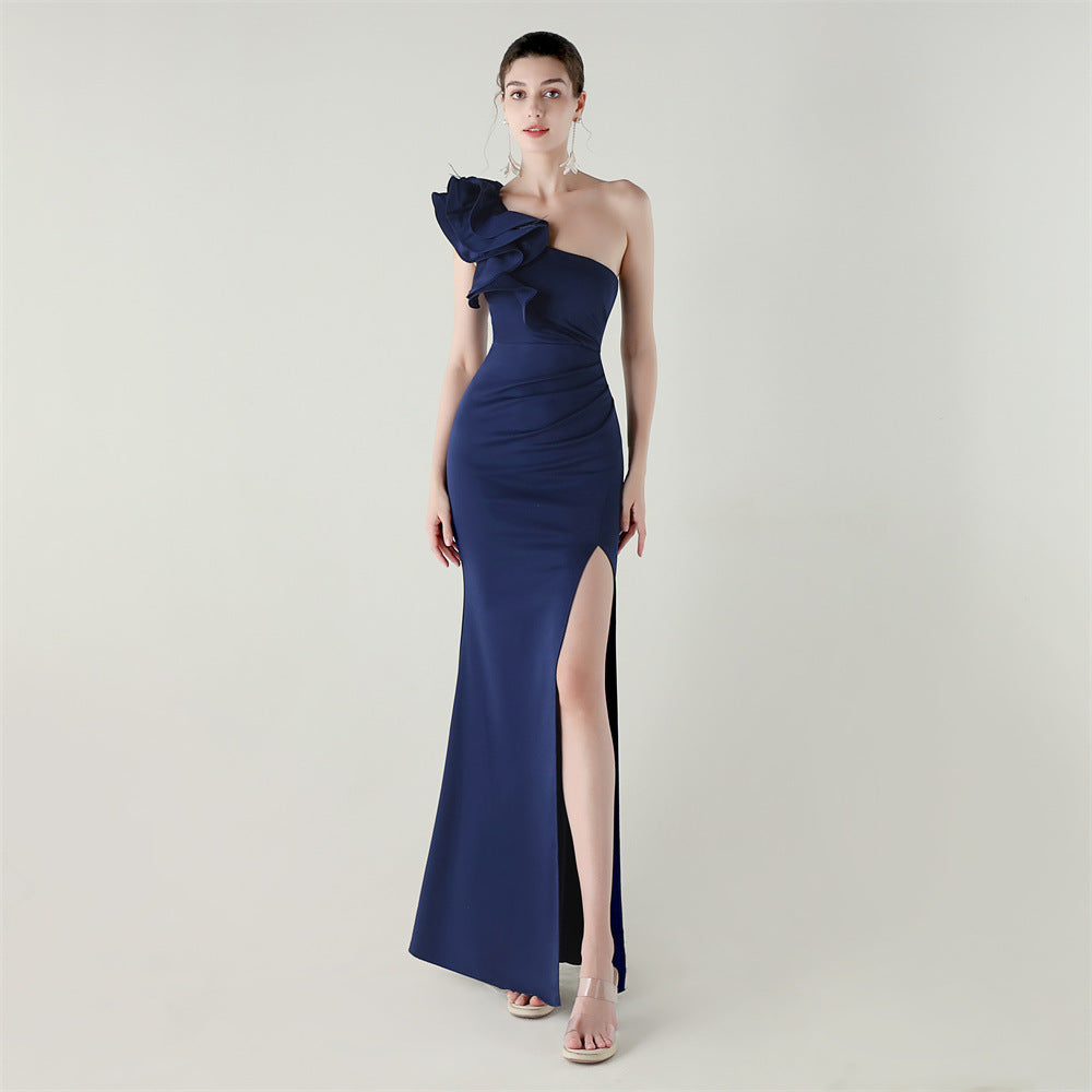 One Shoulder Craft Wave the Craft of Design Gross Satin High Slit Sexy Evening Dress Dinner Party Wedding Social Networking by Ragazza