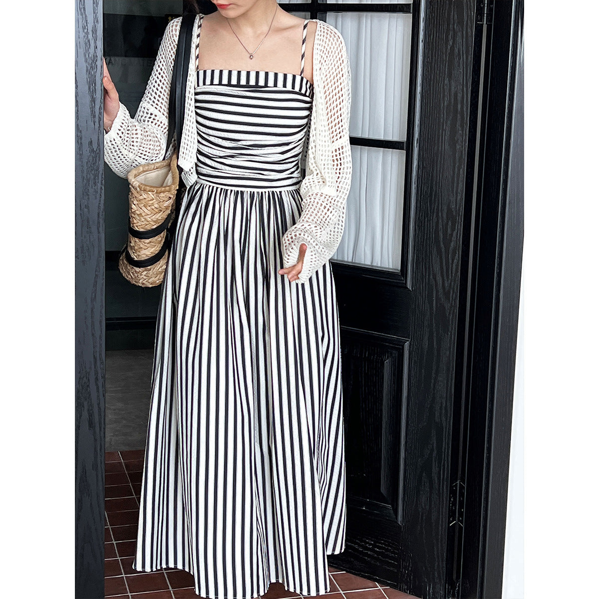 French Striped Bandeau Sling Dress Women High Grade off the Shoulder Pleated Waist Tight A line Long Summer by Ragazza