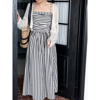 French Striped Bandeau Sling Dress Women High Grade off the Shoulder Pleated Waist Tight A line Long Summer by Ragazza