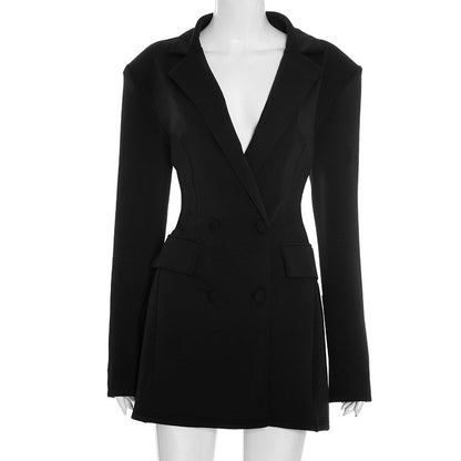 Women Clothing Autumn Solid Color Casual Slim Fit Suit Long Sleeve Bud Faux Pocket Dress by Ragazza