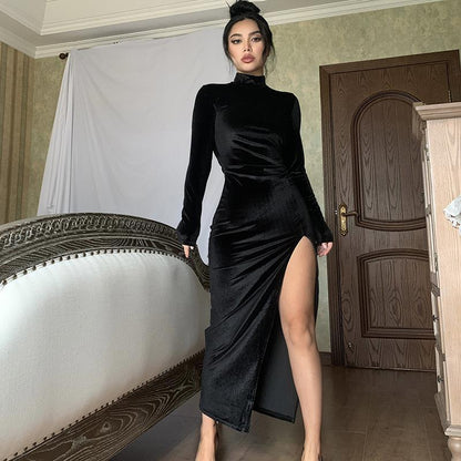 Women Clothing Autumn Winter Turtleneck Maxi Dress Slim Pleated Split Dress by Ragazza