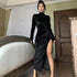 Women Clothing Autumn Winter Turtleneck Maxi Dress Slim Pleated Split Dress by Ragazza