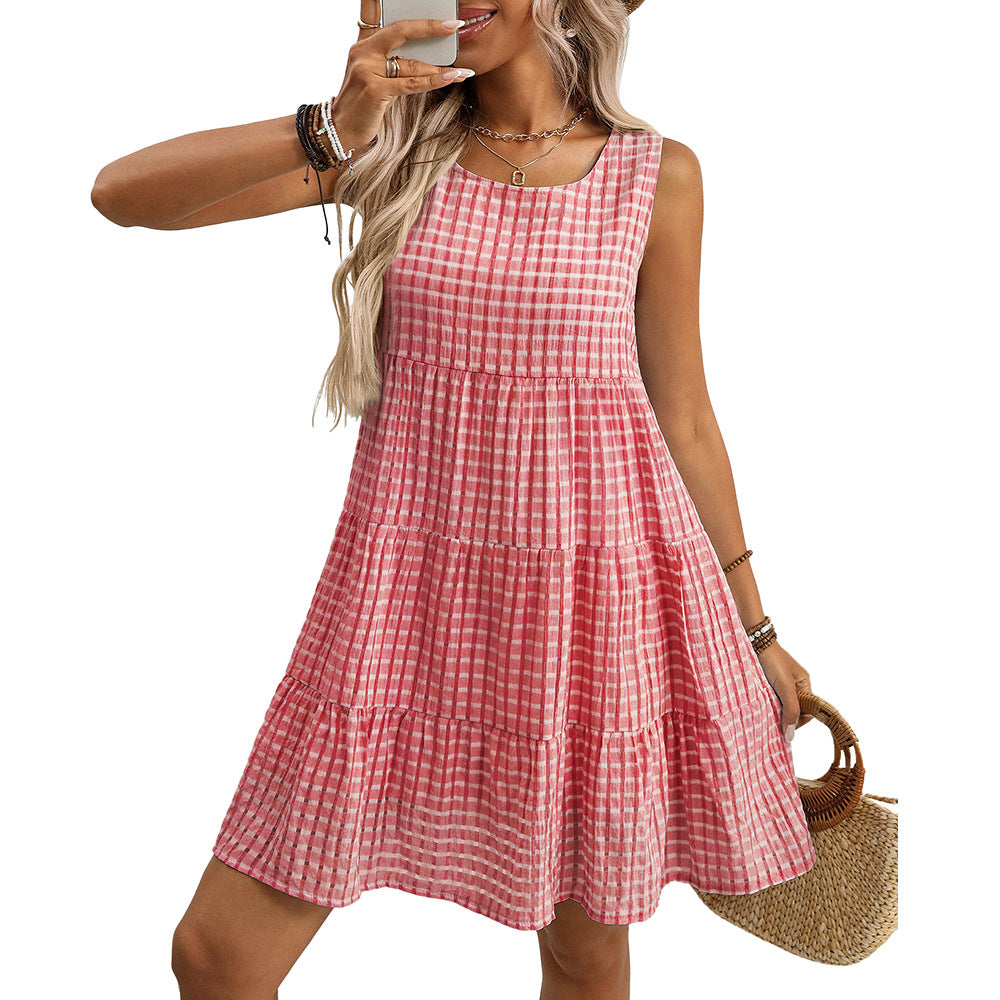 Summer Women Clothing Loose Casual Elegant Sleeveless Plaid Dress by Ragazza