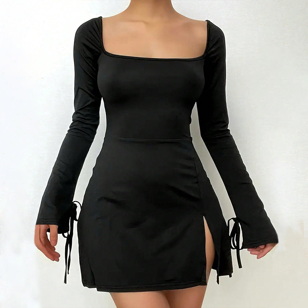 Western Classy Square Collar Red Dress Autumn Winter High Waist All-Matching A line Split for Women by Ragazza