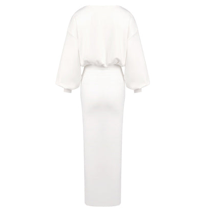Women White Autumn Winter Extended Slimming High Elastic Maxi Dress Hip Dress Long Sleeve Dress by Ragazza