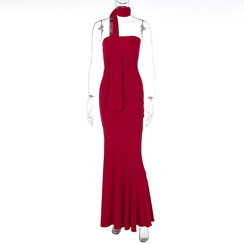 Fall Elegant Close Fitting Waist Mid Length Sexy Wrapped Chest Fish Hem Pattern Bottom Shawl Dress by Ragazza