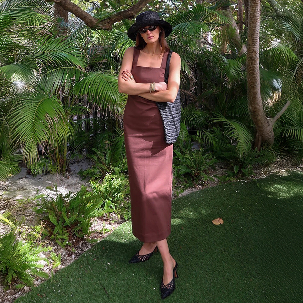 Simple Solid Color Square Collar Sling Dress Summer Slim Cotton Linen Maxi Dress by Ragazza