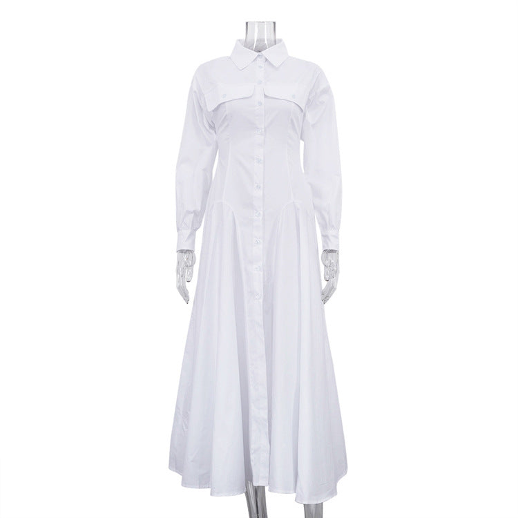 Design Pleated Single Breasted Shirt Dress Autumn Polo Collar Long Sleeve High Waist White Long Dress by Ragazza