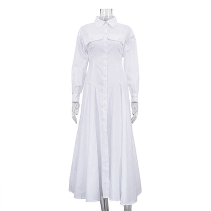 Design Pleated Single Breasted Shirt Dress Autumn Polo Collar Long Sleeve High Waist White Long Dress by Ragazza
