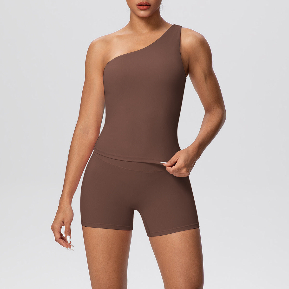 Women Solid Color Oblique Shoulder Strap Beauty Back Exercise Vest Yoga Pants Running Slim Shorts Fitness Yoga Wear Set by Ragazza