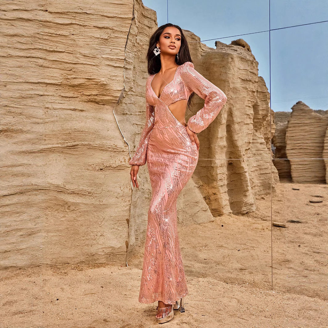 Women Evening Dresses Long Sleeve Beauty V neck Sexy Backless Dress Long Sequined Women Clothing Dress by Ragazza