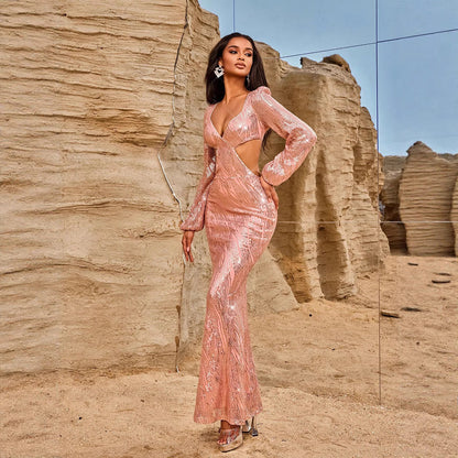 Women Evening Dresses Long Sleeve Beauty V neck Sexy Backless Dress Long Sequined Women Clothing Dress by Ragazza