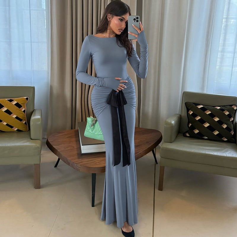 Women Clothing Summer Solid Color Pleated Waist Controlled Lace up Long Sleeve Dress Women by Ragazza