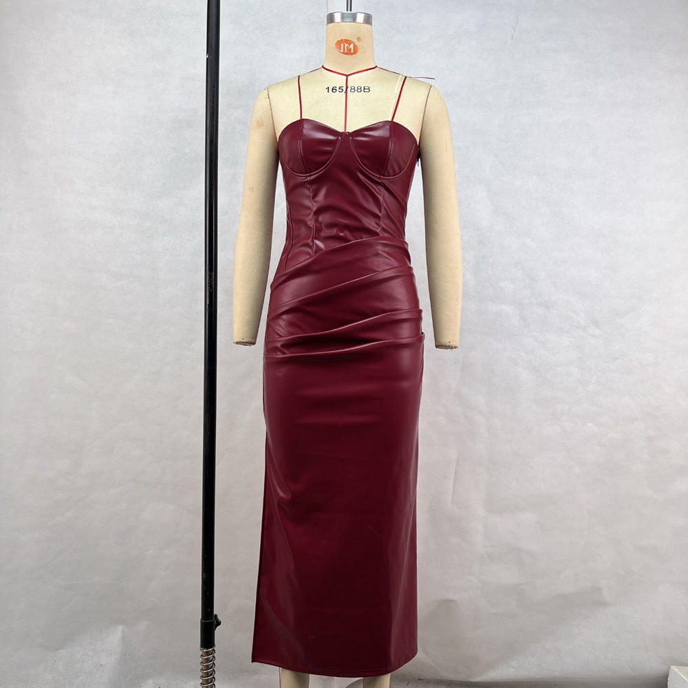 Women Clothing Elegant Faux Leather Sexy Tube Top Strap Fold Split Dress by Ragazza