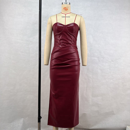 Women Clothing Elegant Faux Leather Sexy Tube Top Strap Fold Split Dress by Ragazza