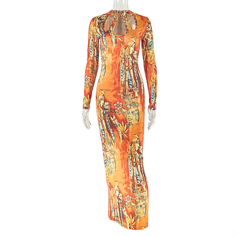 Printing Women Hollow Out Cutout Slim Hip Skirt round Neck Long Sleeve Retro Elegant Dress by Ragazza