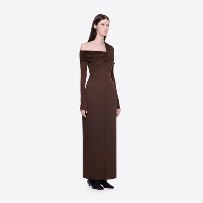 Spring Dark Brown One Shoulder Dress Pleated High Slit Maxi Dress the Dinner Party Host  DestGlow