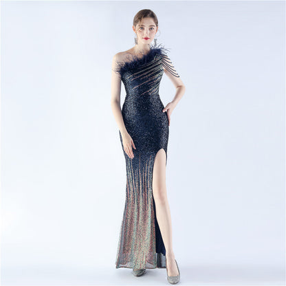 Gradient Sequin Craft Beaded Ostrich Feather Diagonal Collar One Shoulder Long Evening Dress by Ragazza