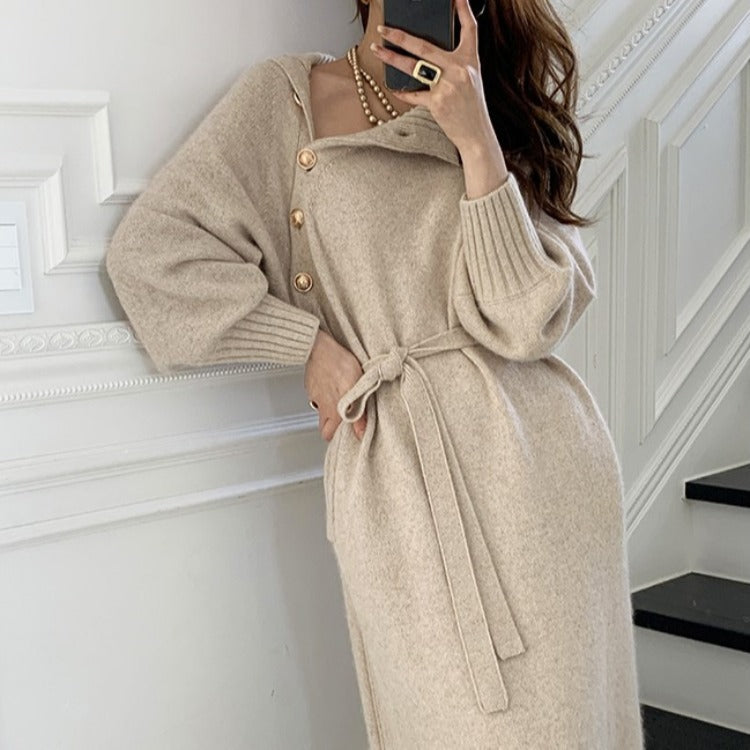 Japanese Korean Lace up Waist Trimming Knitted Dress Autumn Winter Loose Slimming All Matching Turtleneck Long Sweater for Women by Ragazza