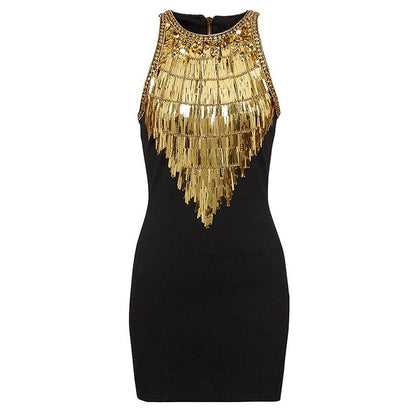 Sleeveless Slim Sexy Black Dress Light Luxury Heavy Industry Beads Dress Women Dress Hip by Ragazza