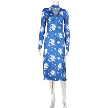 Floral Print Elegant V neck Summer Slim Fit Lightweight Thin Long Sleeve Dress Klein Blue Dress by Ragazza