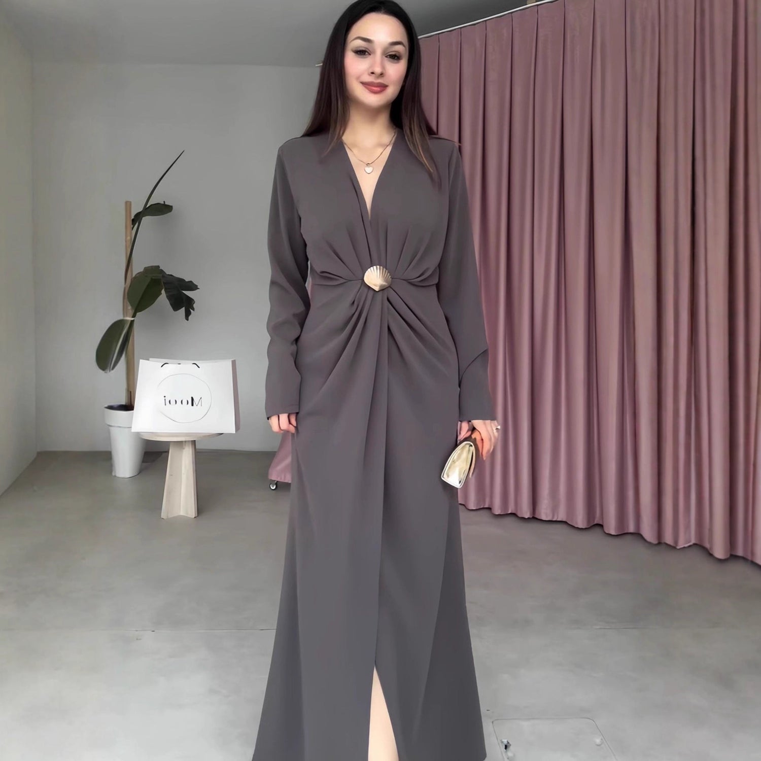 Fall V neck Long Sleeve Waist Controlled Pleated Women Dress by Ragazza