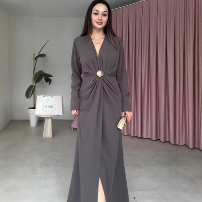 Fall V neck Long Sleeve Waist Controlled Pleated Women Dress by Ragazza