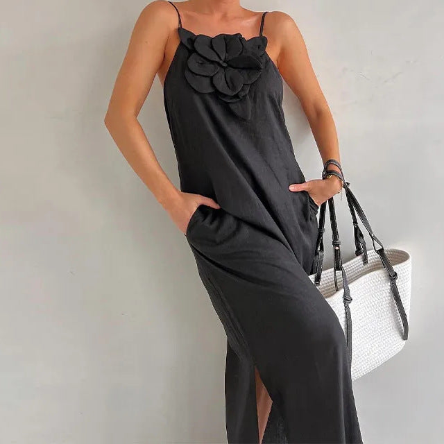 Spring Summer Strap Three Dimensional Floral Strap Cotton Linen Sleeveless Dress for Women by Ragazza
