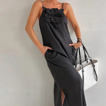 Spring Summer Strap Three Dimensional Floral Strap Cotton Linen Sleeveless Dress for Women by Ragazza