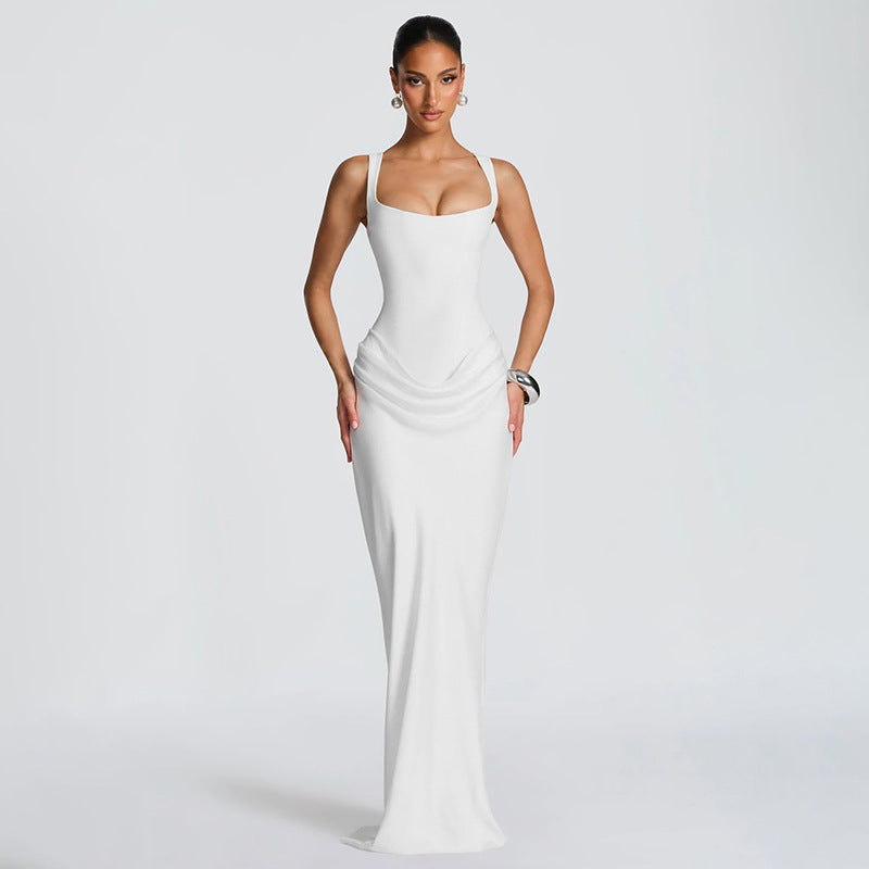 Women Clothing Autumn Winter Simple Solid Color Elegant Square Collar Sleeveless Slim Fit Maxi Dress by Ragazza