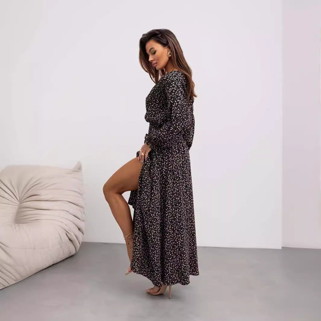 Women Clothing Women Clothing Printed V Neck Sexy Slit Long Sleeve Dress by Ragazza