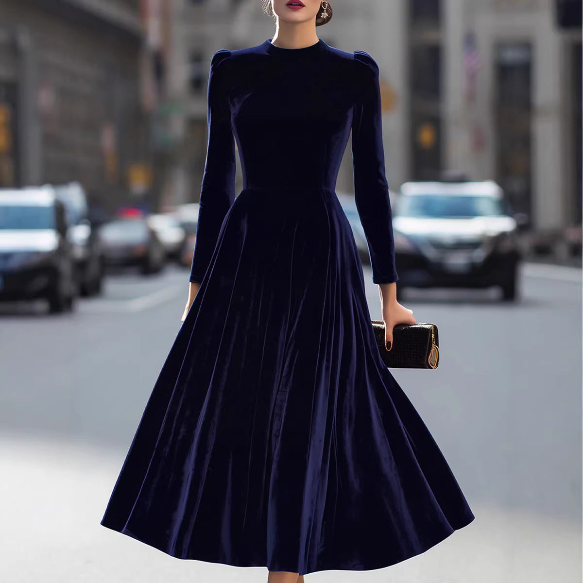 Women Clothing Spring Summer round Neck Korean Velvet Elegant Long Sleeved Dress by Ragazza