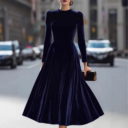 Women Clothing Spring Summer round Neck Korean Velvet Elegant Long Sleeved Dress by Ragazza