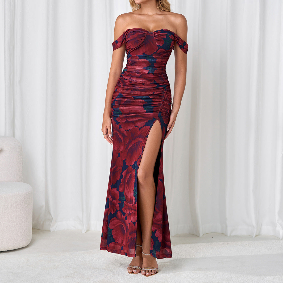 Mesh Camisole Dress Backless High Slit off Neck Slim Fit Ruffle Hip Dress  DestGlow
