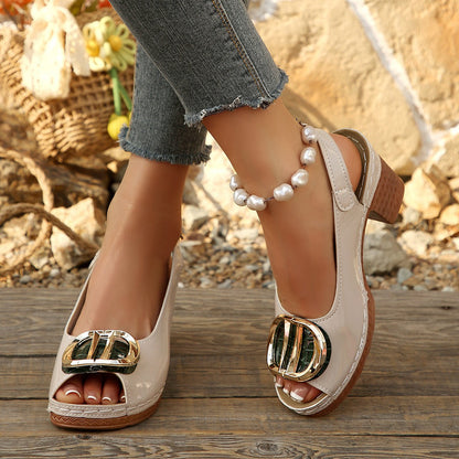 Metal Buckle Peep Toe High Heeled Sandals Women Thick Heel Lightweight Patent Leather Sandals  DestGlow