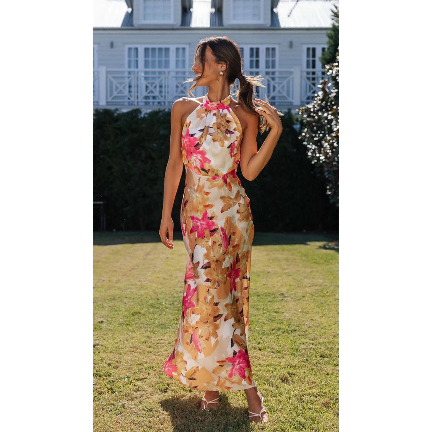 Spring Summer Floral Digital Printing Sweet Halter Mid Length Dress by Ragazza