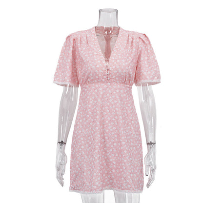 Women Clothing Summer Floral Dress Casual V neck Short Sleeve High Waist Short Dress by Ragazza